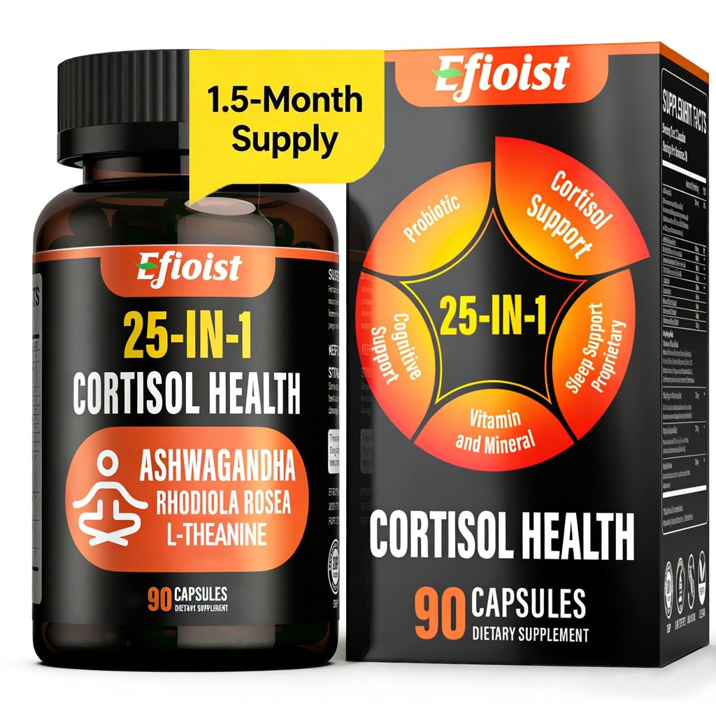Cortisol Supplement for Women and Men, 25-in-1 Cortisol Reducer with Ashwagandha, Rhodiola Rosea, L-Theanine, Cortisol Manager for Mood, Focus, Sleep Support, 90 Capsules