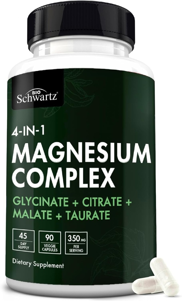 BioSchwartz Suplemento Complejo de Magnesio (90 cápsulas) 350mg Magnesium Glycinate Citrate Malate y Taurate Per Serving for Healthy Nerves Muscles Heart Sleep Support (Vegan, Gluten-Free, Non-GMO)