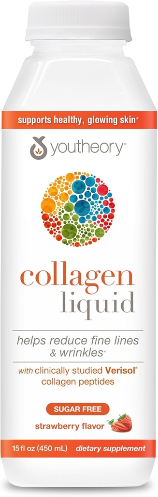 Teoría Collagen Líquido - 2.500 mg Verisol Collagen hidrolizado - Soportes Conjuntos, Musculos, Huesos, Pelo, Piel & Nails* - 18 Aminoácidos - Sabor de Fresa Natural - 15 fl oz
