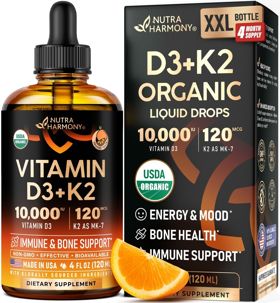 Vitamin D3 K2 USDA Organic Drops - Vitamin D3 10000 IU & K2 120mcg - 4 OZ