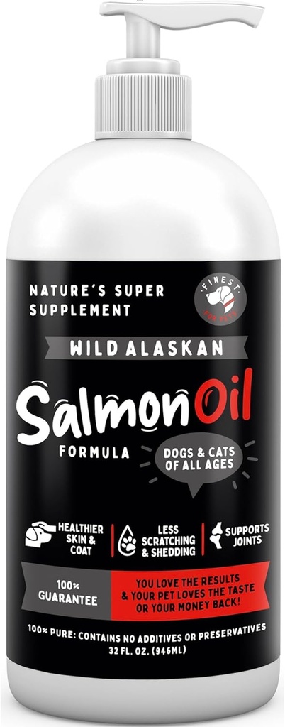 Salvaje Aceite de Salmón de Alaska para perros & gatos - Omega 3 Aceite de pescado con Pollock & Salmón para la piel sensible & salud de la carne. EPA & DHA Ease Itching, Supports Joint, Immune & Heart Health (32oz)