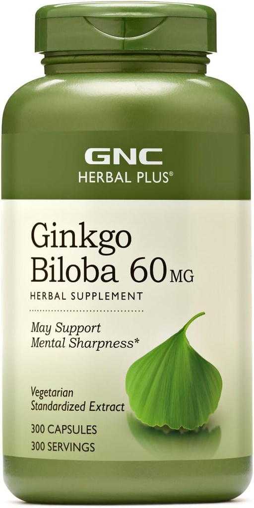 GNC Herbal Plus Ginkgo Biloba 60mg Suplemento, Vegetariano, apoya la Sharpness mental, 300 servicios