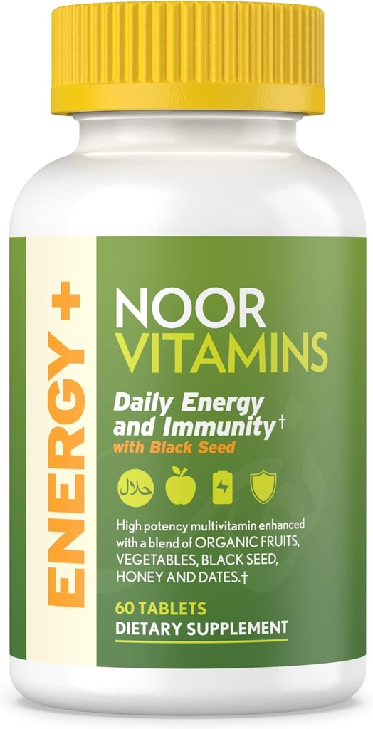 Vitaminas de Noor Energía+ Multivitamina; Vitamina Halal para la Producción de Energía & Inmunidad, 26 Vitaminas & Minerales, Semillas Negras, Fechas, Miel, para Hombres & Mujeres. Gelatin Free, 2 Month Supply