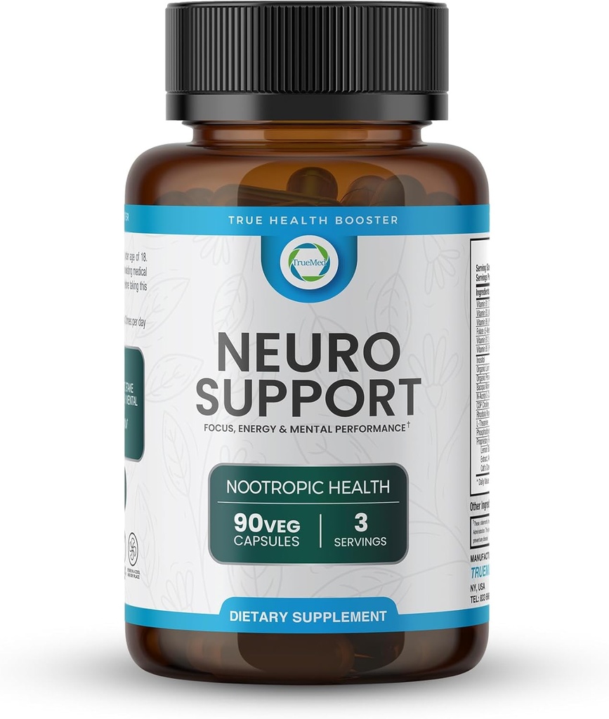 Neuro Support - Suplemento Nootropic Premium para Focus, Energy, Mental Clarity y Performance Organic Lion’s Mane, Bacopa Monnieri, Rhodiola, Non-GMO Gluten-Free CDP Choline 90 Veg Capsules