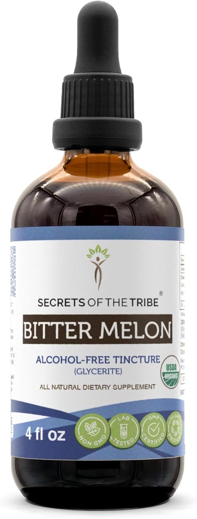 Secrets of the Tribe Bitter Melon USDA Orgánica ← Extract libre de alcohol, gotas herbales de alta potencia Escrito por 100% Certified Organic Bitter Melon (Momordica Charantia) Fruta seca (4 oz)
