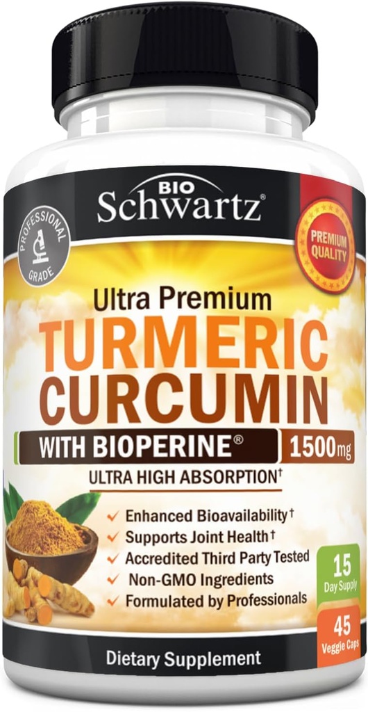 Curcumina tormérica con extracto de pimiento negro 1500mg - alta absorción Suplemento Turmérico Ultra Potent con Curcuminoides 95% y BioPerine - Capsules Tuméricos no GMO para Soporte Conjunto - 45 cápsulas