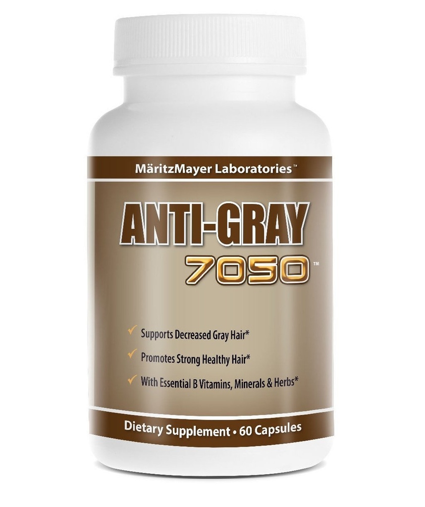 Anti-gray 7050 Pelo 60 cápsulas - Disminuir el cabello gris - Restore Natural Hair Color - Contiene vitaminas B esenciales Minerales y hierbas 1 botella