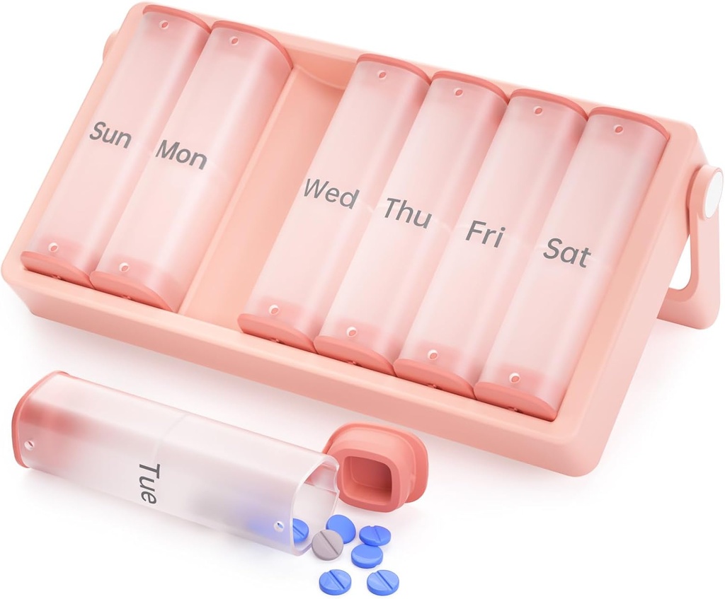 [BRSROCDYOENAYCT6] Organizador semanal de píldoras 2 veces al día, KOVIUU Gran caja de carga de viaje 7 días, Am Pm Twice Daily Pill Case with Rotatable Handle, Pill Holder Container for Vitamin, Medicine, Supplement, Fish Oil, Pink