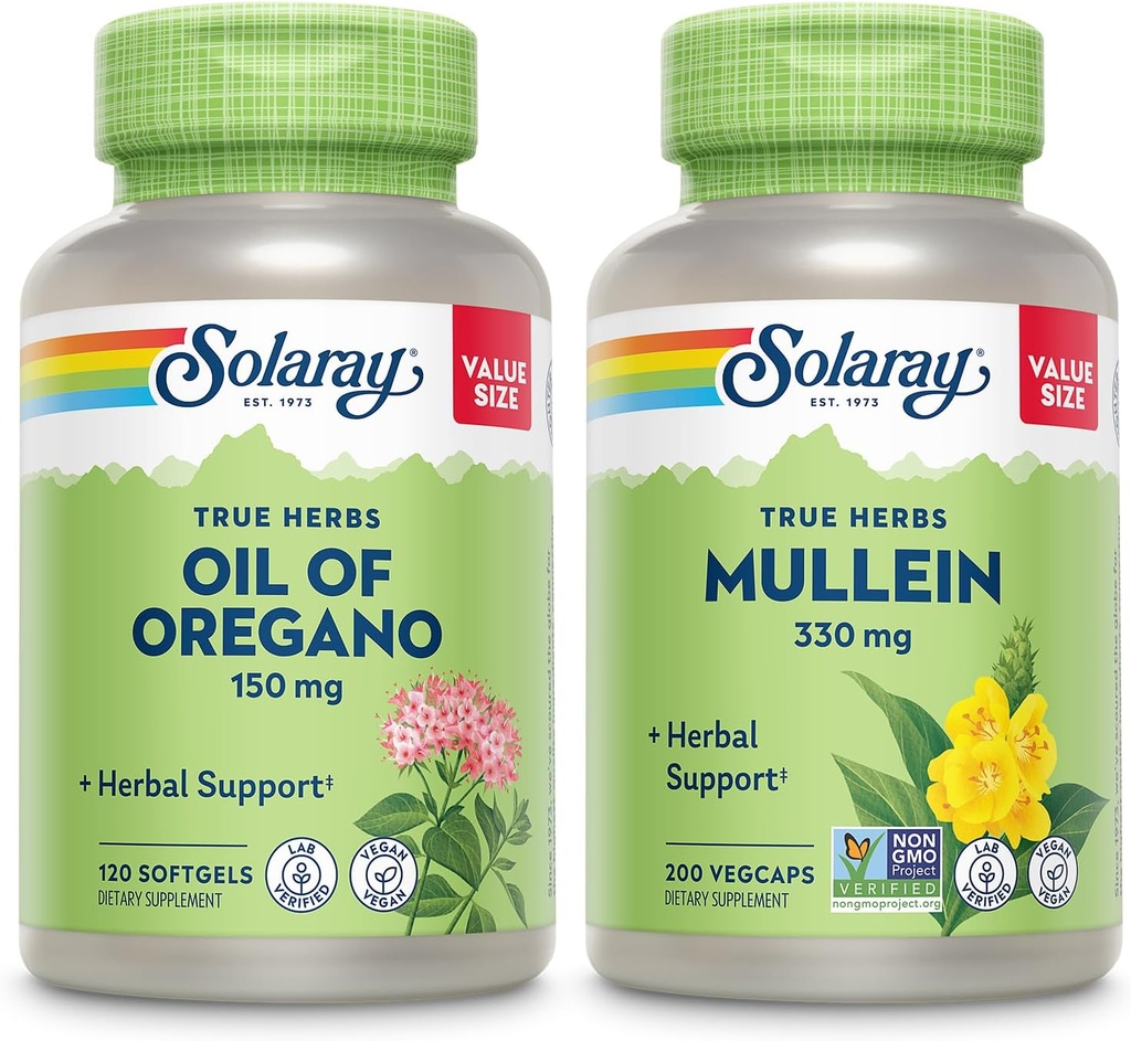 SOLARAY Petróleo de Oregano Softgels 150 mg y Mullein Leaf 330 mg - Wellness Support Bundle - Oregano Aceite y cápsulas de Mullein para el soporte general de salud - Vegan, garantía de 60 días, 120ct/180ct