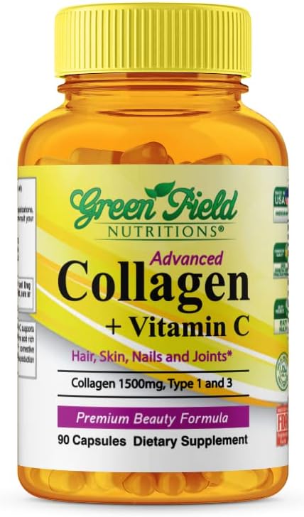 Greenfield Nutritions - Halal Collagen Peptides 1500 mg Tipo I " III, con vitamina C 300 mg para una mejor absorción, Halal Anti-Age Formula for Hair Skin Nails " Joints, Halal Vitamins 90 Capsules
