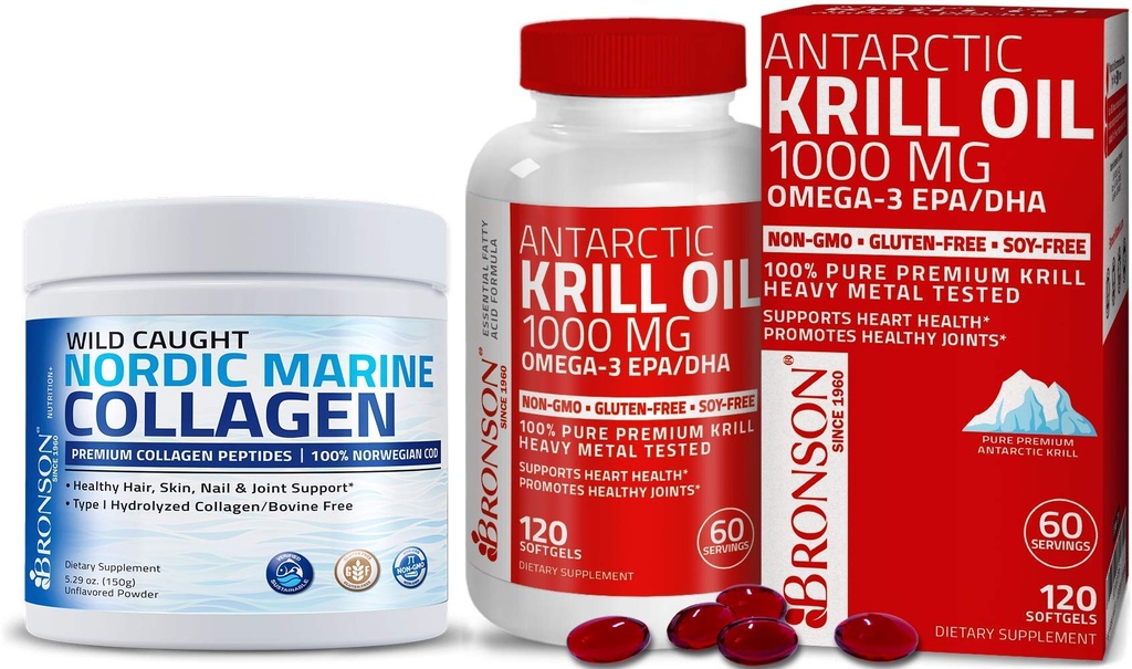 Bronson Marine Collagen Peptides Hidrolyzed Protein Powder + Antártico Krill Oil 1000 mg con Omega-3 EPA DHA