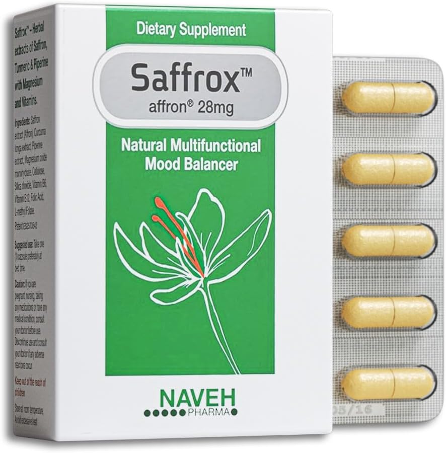 NAVEH PHARMA Saffrox - Mood Support Saffron Suplemento. 28 mg de Saffron Extract. Enhance Well-Being, Boost Energy. Natural y Seguro, No GMO, Libre de Productos Químicos, Amistad Vegan. Suministro de 1 mes (30 cápsulas)