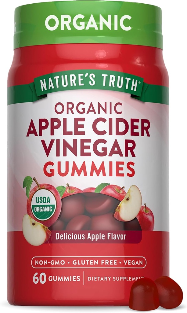 La Verdad de la Naturaleza Manzana Orgánica Vinagre Gummies tención 60 Conde  durable Vegan, Gluten Free " Non-GMO Suplemento Silencio USDA Orgánica Silencio Apple Flavor
