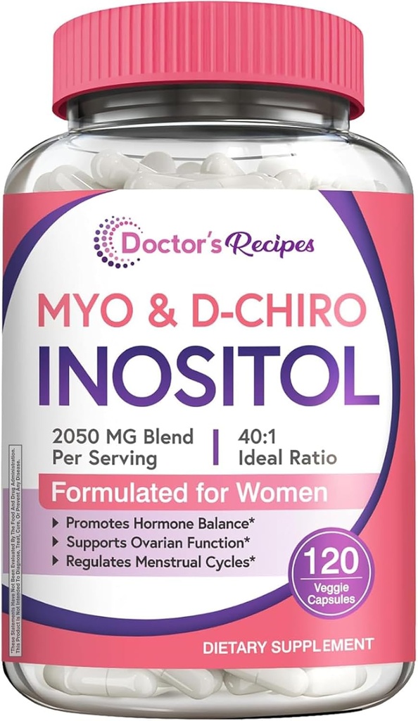 Recetas del médico Suplemento de Inositol, Myo-Inositol & D-Chiro Inositol Capsules 2050mg por ser, Ideal 40:1 Blend, Equilibrio hormonal para Mujeres, Función Ovárica " Apoyo a la fertilidad, 120 cápsulas veganos