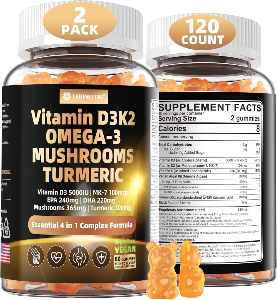 Vitamina D3 5000iu(125mcg) + Vitamina K2(MK7) Gummies with Algae Omega 3 ← Maximum Strength Vitamin D3+K2 Silencio para Bone, Dientes, Energía, Immune, Calcium Absorption - Vegan, Sugar Gratis,120Ct