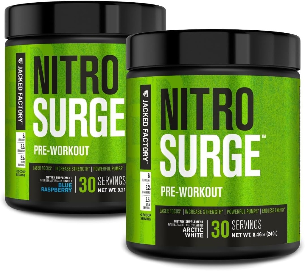 Fábrica de Jacked NITROSURGE Pre Workout Supplement for Energy, Instant Strength Gains, Clear Focus, " Intense Pumps (Blue Raspberry, 30 Servings " Arctic White, 30 Servings)