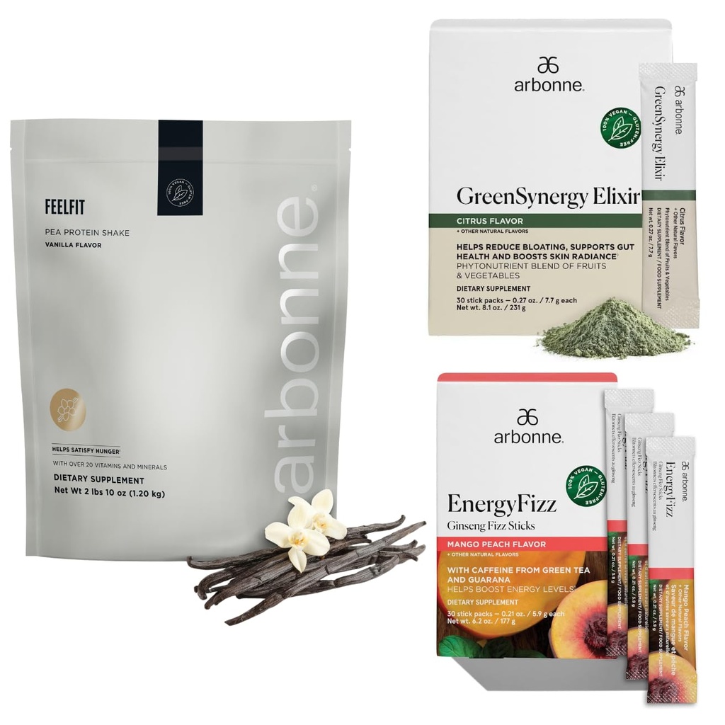 Arbonne Ginseng Energy Fizz (Peach Mango) with FeelFit Pea Protein (Vanilla) and Green Synergy Elixir