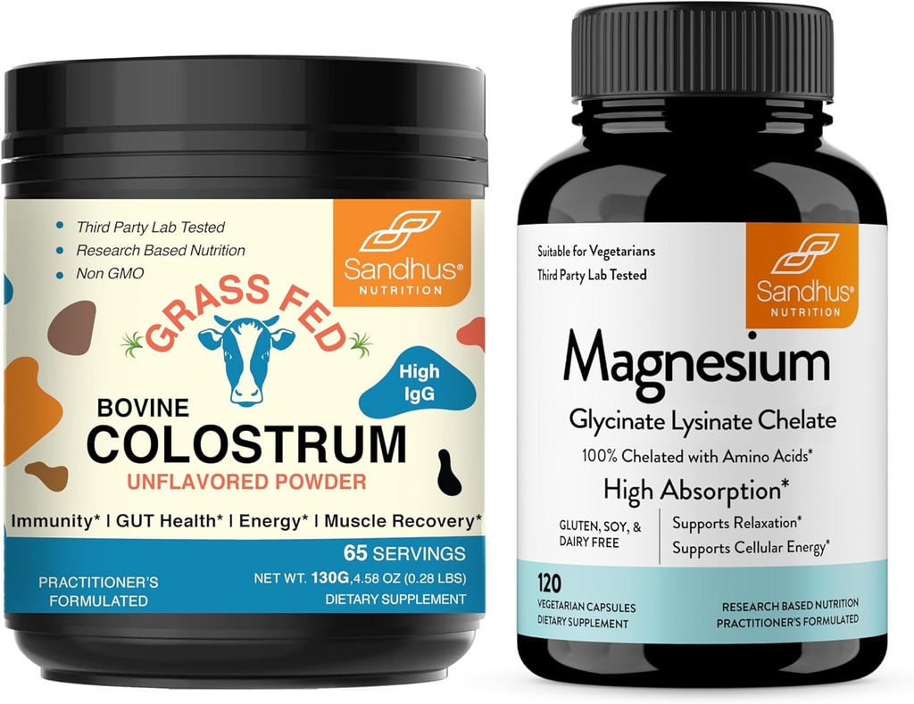 Sandhu's Bovine Colostrum Powder & Magnesium Glycinate Lysinate Capsules  Ayuda Gut, Immune Heath & Sleep Support