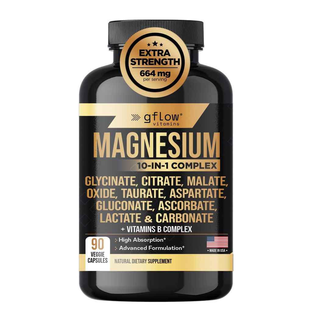 Suplemento Complejo de Magnesio - 10 Formas Activas, Glycinate, Citrato, Malate, Oxide, Taurate, Aspartate, Gluconate, Ascorbate, Lactate, Carbonate, Plus Más con Vitamina C B1 B2 B6 B12