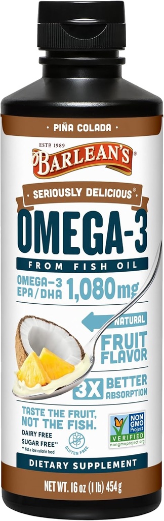 Suplemento líquido de aceite de pescado Omega 3 de Barlean con vitamina D para hombres y mujeres, Pina Colada, 1080 mg EPA y DHA Fatty Acid, 16 oz
