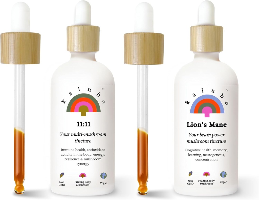 Rainbo Fan Favorite Bundle, 11:11 Multi Mushroom Extracto + Mane Mushroom de León Tintura, Doble Extracto Diaria de Mushroom Tinturas para el soporte integral de inmuno, Vegan Liquid Mushroom Suplementos