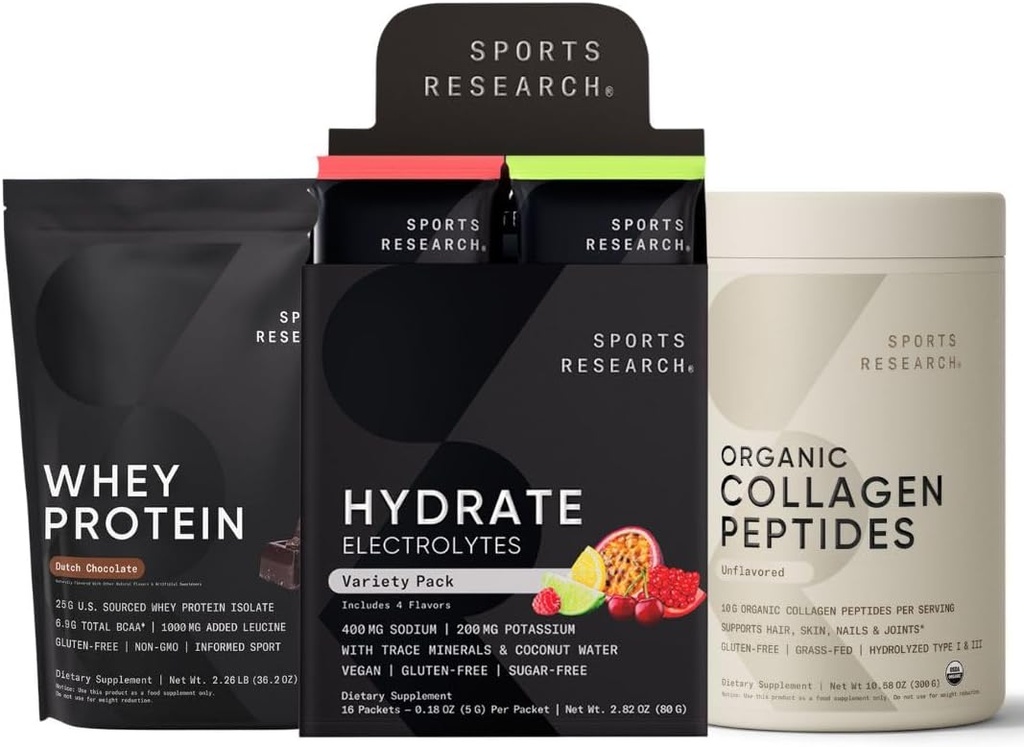 Sports Research Organic Collagen Peptides (Unflavored - 30 Servings), Hydrate Electrolytes Powder Packets (Variety Pack - 16 Servings) y Whey Protein Isolate (Dutch Chocolate Flavor - 25 Servings)