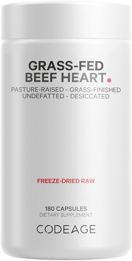 Codeage Grass Fed Beef Heart Supplement - Freeze Dried, Non-Defatted, Desiccated Glandular Supplements - Bovine Meat & Liver Pills - Beef Vitamins for Heart - Non-GMO -180 cápsulas