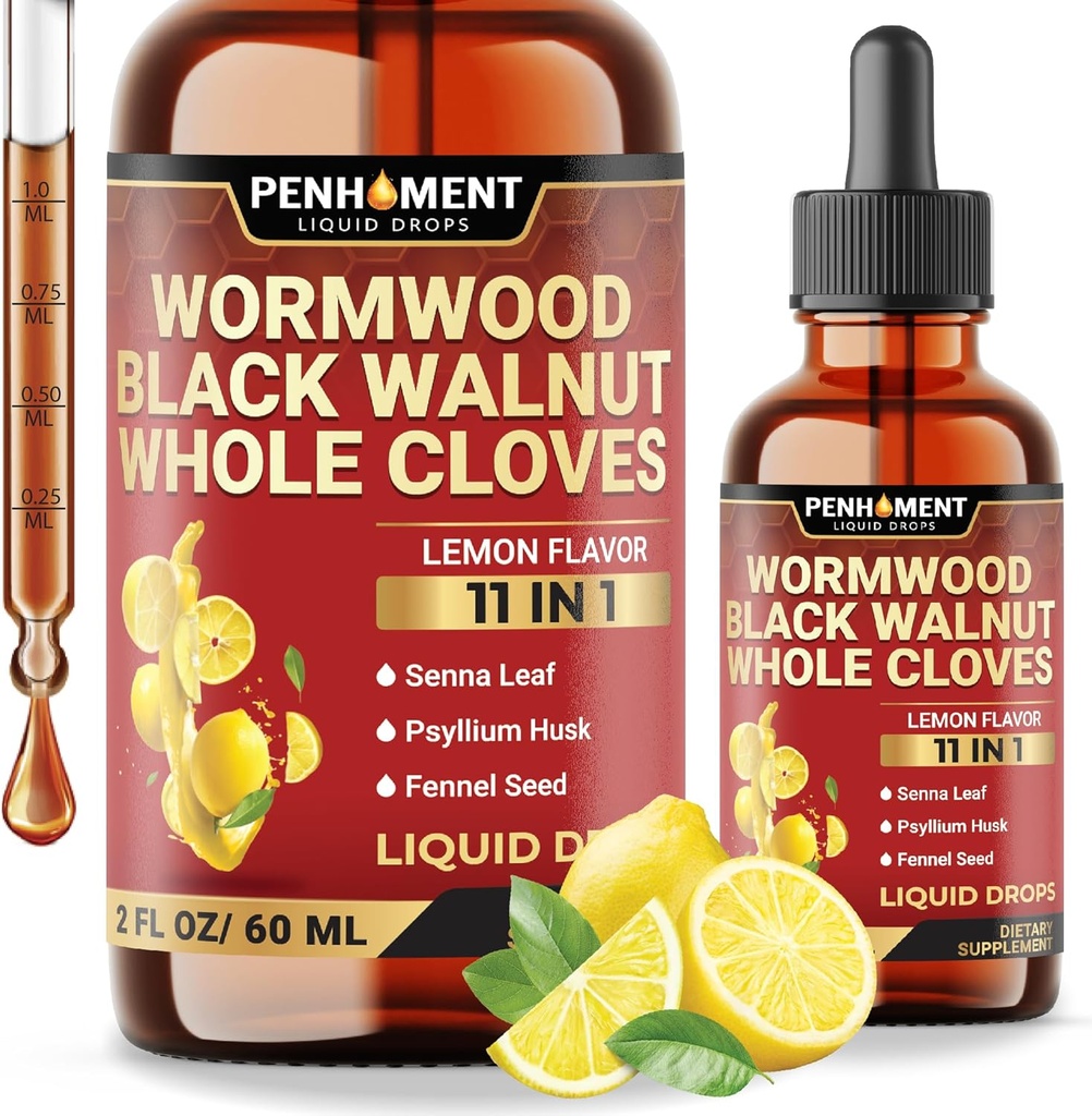 11in1 Wormwood Liquid Drops with Black Walnut Cloves, Vitamina C y D3 & 6 Más - 2 FL OZ durante 60 días - Lemon Flavor