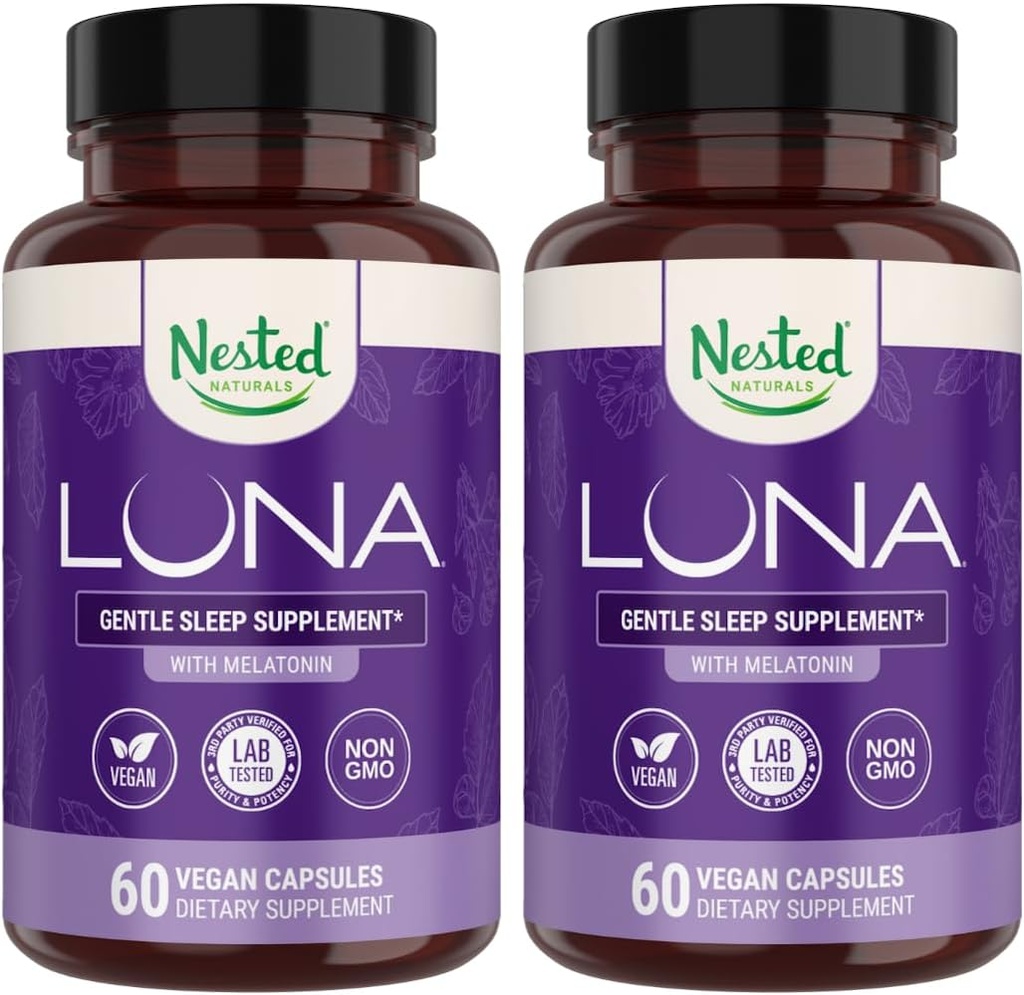 Naturales anidados Luna Sleep Aid - No-Habit Forming Natural Sleeping Pills for Adults with Naturally Sourcedients - Valerian Root, Melatonin, Chamomile, Lemon Balm, and More - 120 Vegan Capsules