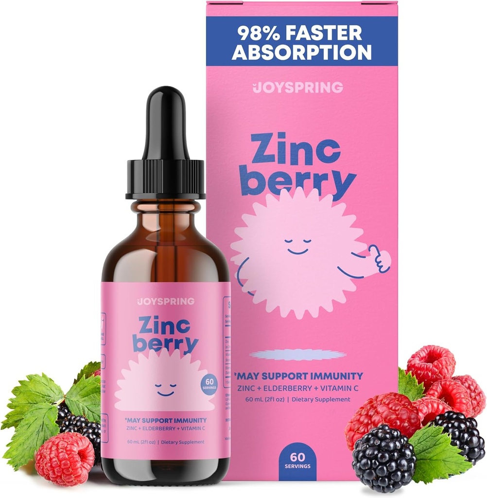 JoySpring ZincBerry - Niños Zinc & Suplemento de vitaminas (2 fl oz) Immune Support Drops with Elderberry Flavor for Kids 2-16+ Years