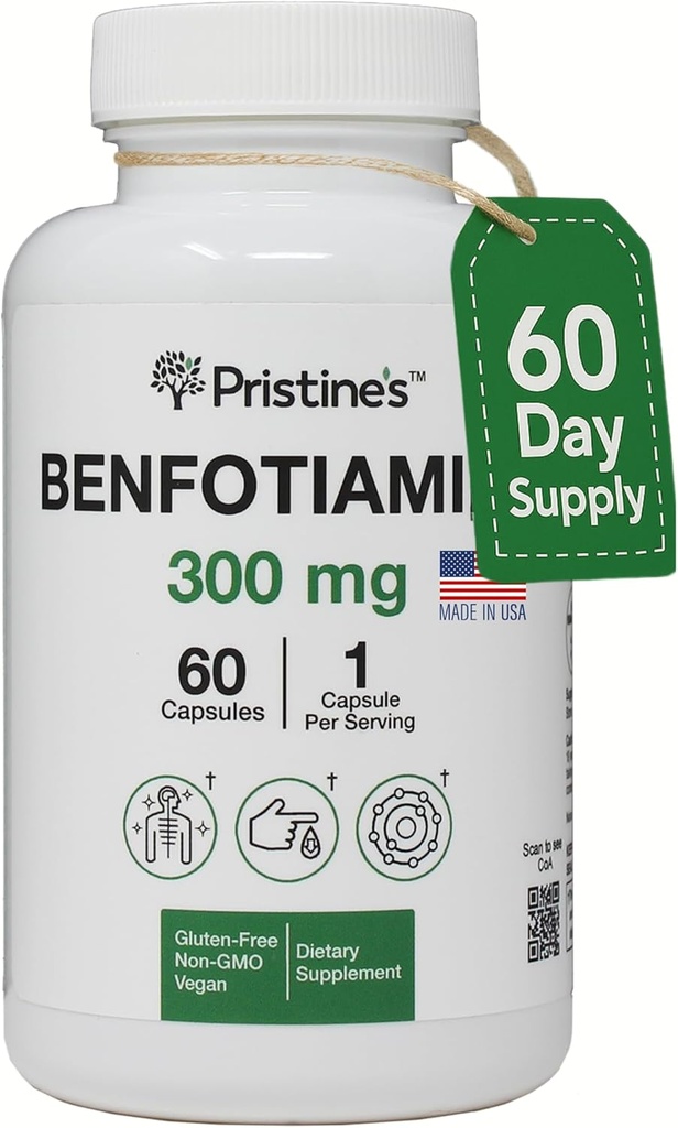Benfotiamina de PRISTINE 300mg Alta Biodisponibilidad Suplemento de soporte de Nerve - 60 días de suministro - Fat Soluble Vitamina B1 Suplementos - Vegan - No GMO