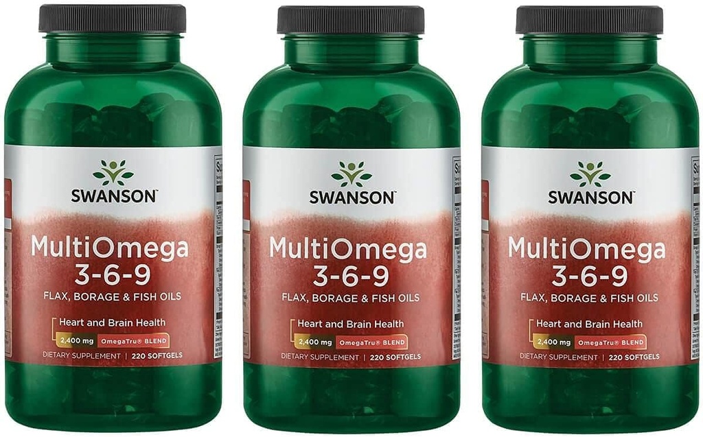 Swanson MultiOmega 3-6-9 - Non-GMO Aceite de Flax, Aceite de Borage, 'ciente' Cápsulas de Aceite de Pesca - Ácidos grasos esenciales Apoyo a la Salud Cardiovascular' Salud cerebral - (220 Softgels, 2400 mg Servir) 3 Botellas