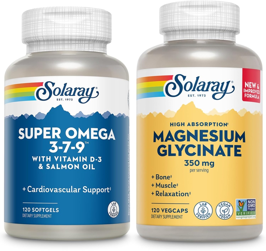 SOLARAY Super Omega 3, 7, 9 y Magnesium Glycinate Bundle - Acidos grasos esenciales y Magnesio Chelated Gisglycinate for Healthy Heart, Bones, and Relaxation Support - 120 Softgels, 275 VegCaps