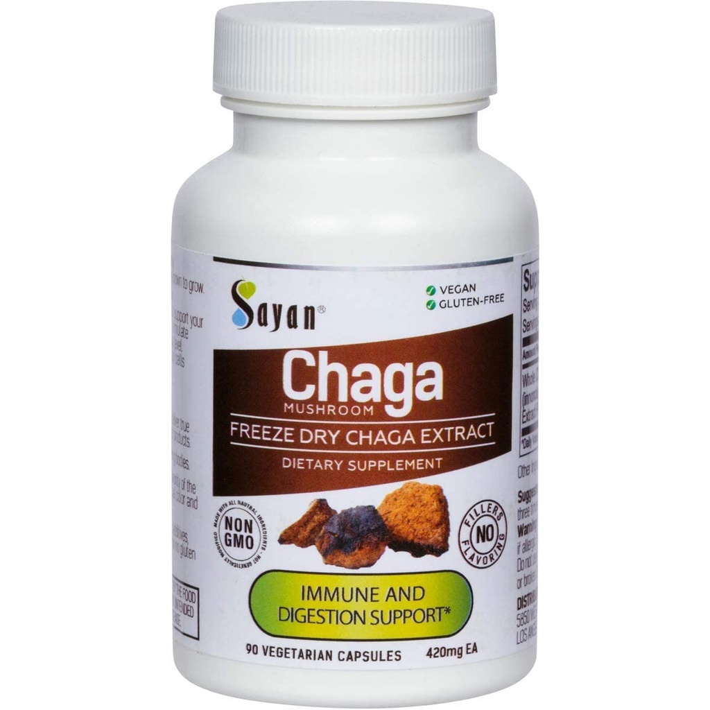 Sayan Siberian Chaga Mushroom Extract – 90 Capsules/420mg ea – Suplemento Antioxidante Natural y Salvaje – Apoyo al Sistema Inmunitario y Funciones del Cuerpo Regulador – Vegano, No OGM, No Filleres o Aditivos