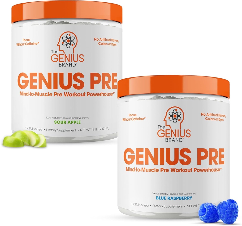 Genius Pre-Workout Suplemento Bundle - Blue Raspberry & Sour Apple - Caffeine-Free/Stimulant-Free