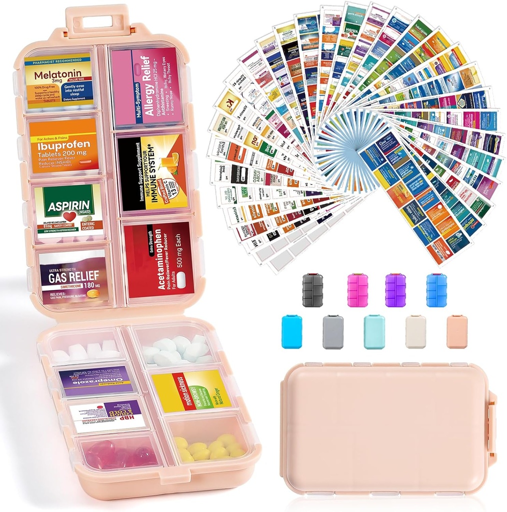 [BRSRA23YA5YA22TZ] 14 Grids Travel Pill Organizer Box con 415-Pcs Medicine Name Labels - Pocket Daily Pharmacy Case Container Kit - Dispensador de portadores de medicamentos para el aceite de pescado