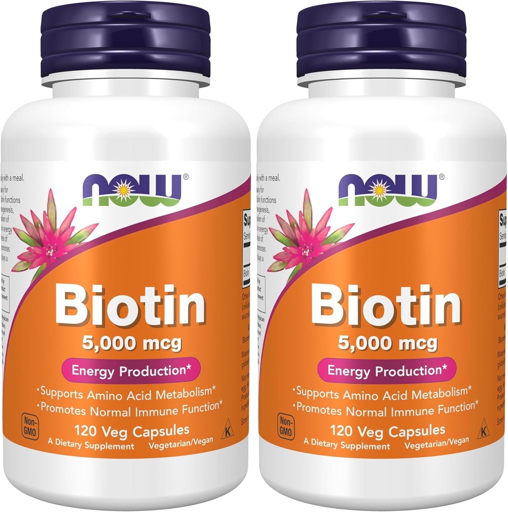 AHORA Suplementos, Biotina 5,000 mcg, Metabolismo Aminoácidos*, Producción Energética*, 120 Veg Capsules (Pack of 2)