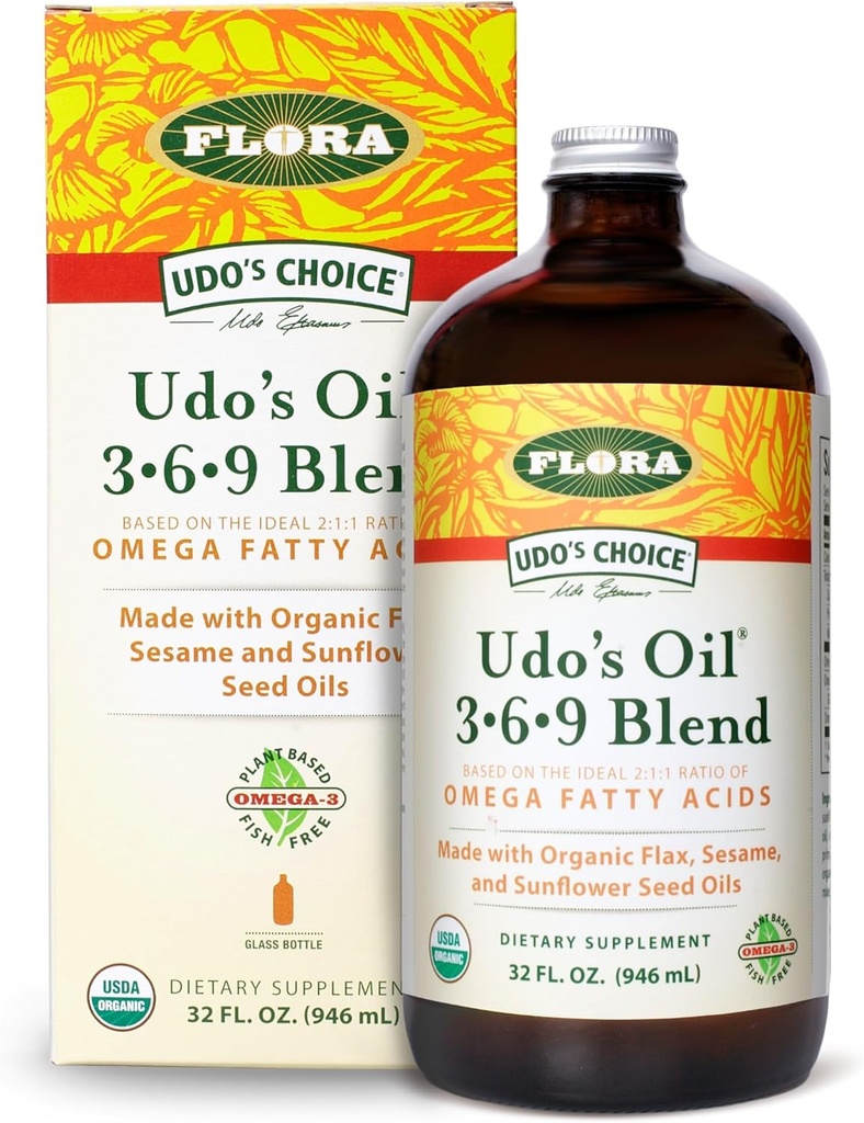 Flora Udo's Oil 3-6-9 Blend - Vegan Omega-3-6, Contiene Coco orgánico, Flax Seed Oil & More - Mantén Chilled - 32 fl. oz.