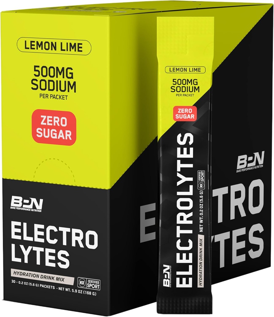 BARE PERFORMANCE NUTRITION BPN Electrolytes Go Packs Hydration Drink Mix ¦ Sugar Free Electrolyte Powder TEN 500mg Sodium per Serving ← Naturalmente Sweetened ← Lime Lemon, 30 Servings