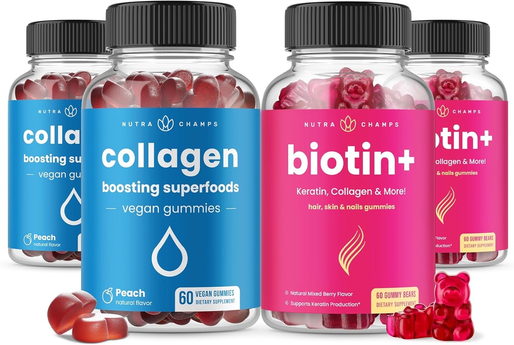 NutraChamps Pelo completo, Skin & Nails Bundle. Biotina, Collagen, Keratin