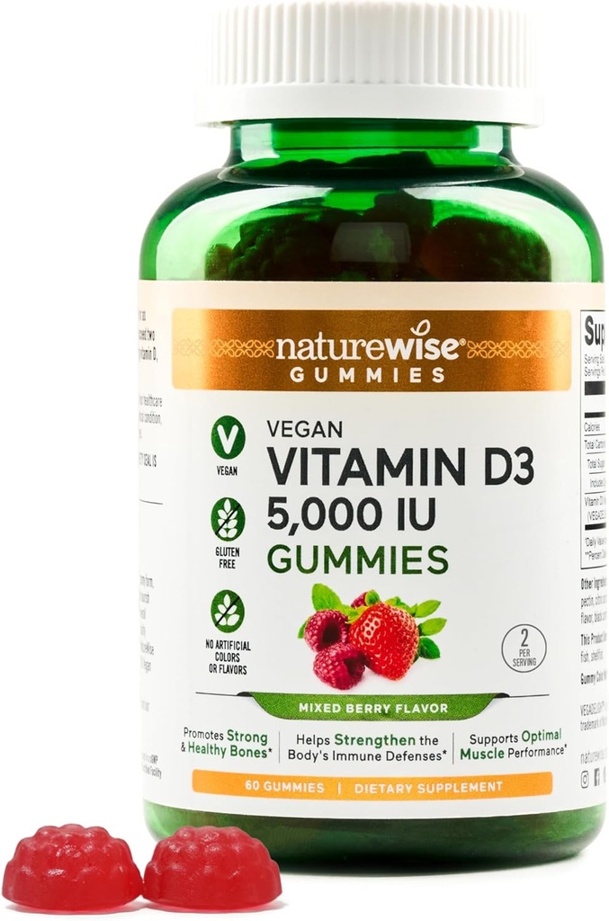 NatureWise Vitamin D3 5000 UI Gummies - Mixed Berry Flavor - Vegan D de Lichen, Pectin Based, Immune Support for Adults, Muscle & Bone Strength - Gluten Free, Non-GMO - 60 Count[1-Month Supply]