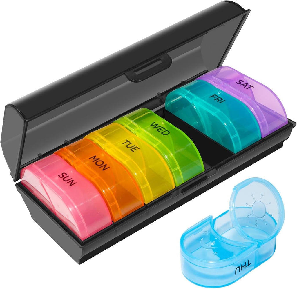 XL Organizador semanal de píldoras 2 veces al día, caja de píldoras 7 días con un diseño de apertura único para fácil llenado, protección de privacidad negra AM caja de píldoras para vitaminas / aceites de moscas / suplementos