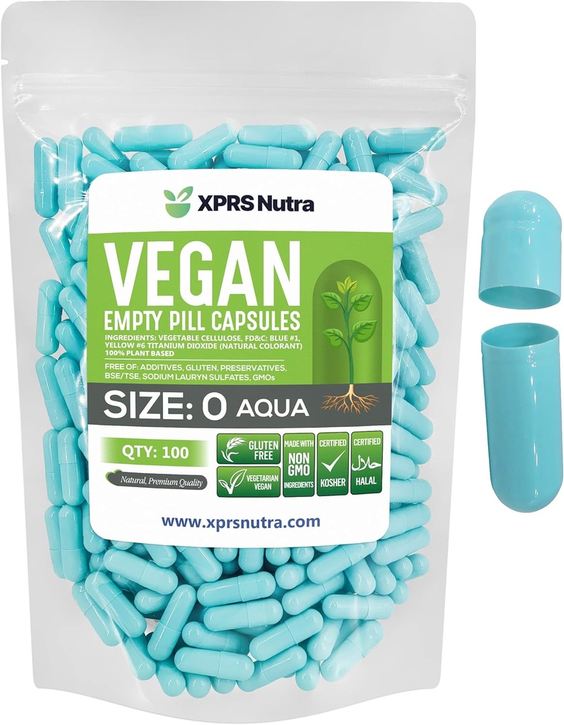 XPRS Nutra Size 0 Empty Capsules - 100 Count Empty Vegan Capsules - Vegetarian Pills - DIY Relleno de cápsulas vegetales - Cápsulas de píldoras vegetarianas para suplementos Do-It-youself (Aqua)