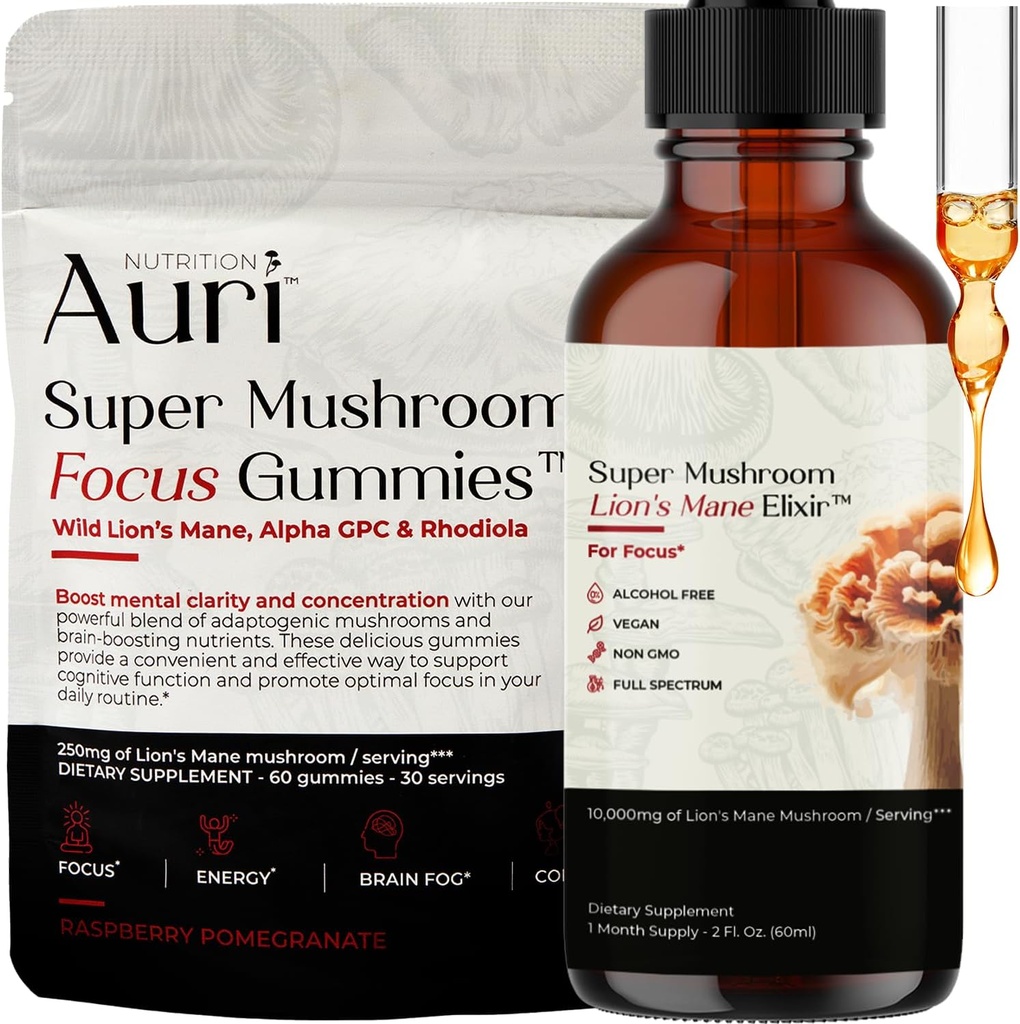 Auri Focus Gummies & Brain Boost Elixir Bundle - Super Mushroom Focus Gummies & Lion’s Mane Liquid Elixir - Función Cognitiva & Suplemento de Claridad Mental - 60 Gummies y 60ml Elixir