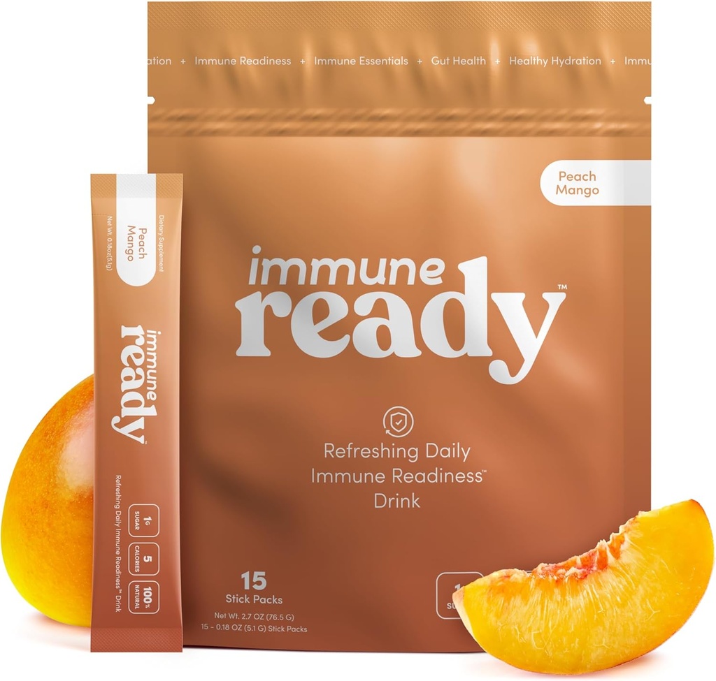 Immune ReadyTM Immunity Boost Drink Mix with Vitamin C, D3, Zinc Picolinate, Inulin, Beta Glucan & Electrolytes - Delicious " Refreshing Sugar-Free Immune Booster - Peach-Mango Flavored - 15 Servings