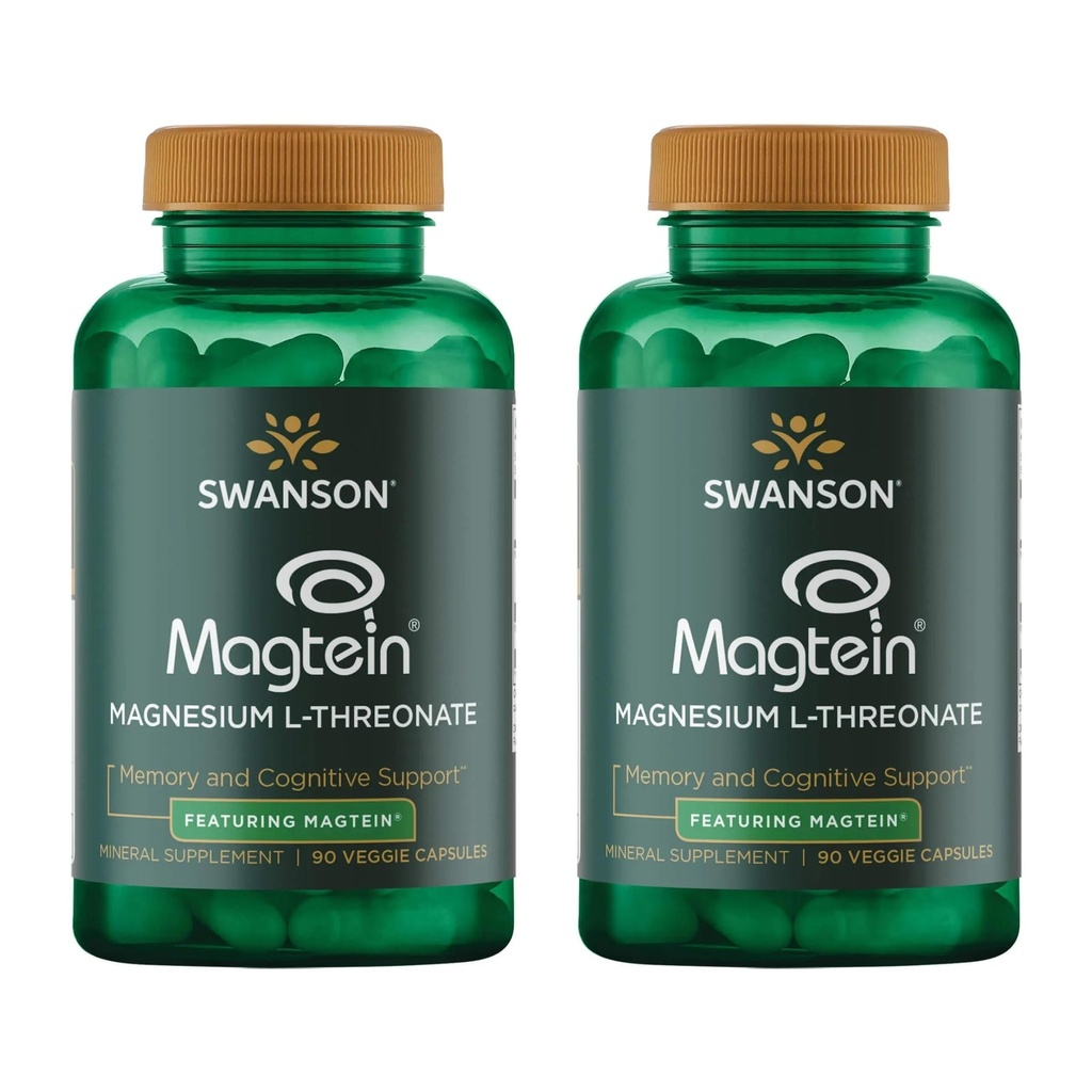 Swanson Magnesium L-Threonate Brain and Cognitive Health Supplement for Professionals Seeking Mental Clarity - 96 mg Magnesium per Serving (90 Vegan Capsules, 2 Pack)