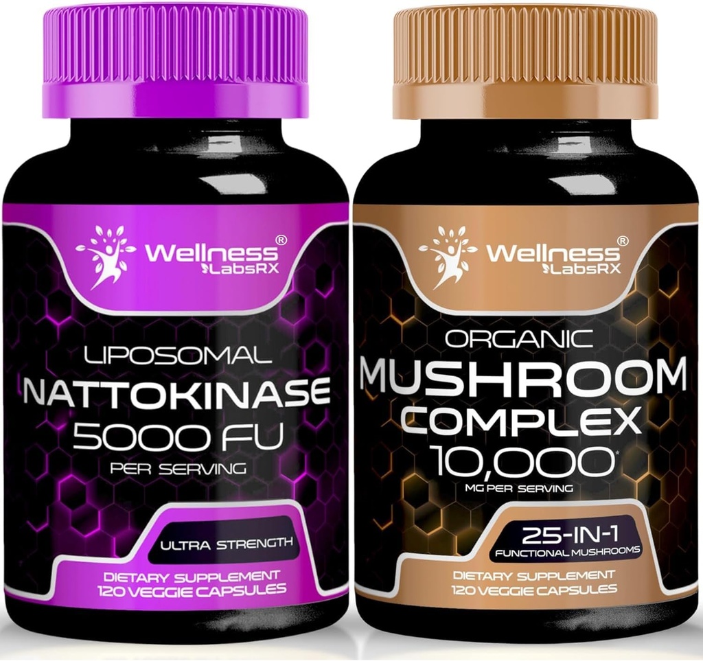 Nattokinase Suplemento cápsulas - 5000 FU - Enzimas de puro Japonés Natto Extracto Silencio Orgánica Suplemento de setas cápsulas - 10000mg - 25 en 1 cápsulas de complejo de setas