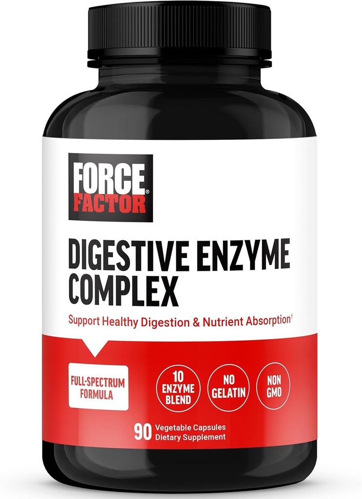FORCE FACTOR Complejo de Enzimas Digestivas para apoyar la salud digestiva, la salud de Gut y proporcionar alivio de ruborización para mujeres y hombres, enzimas digestivas Full-Spectrum 10, no transgénicos, 90 cápsulas