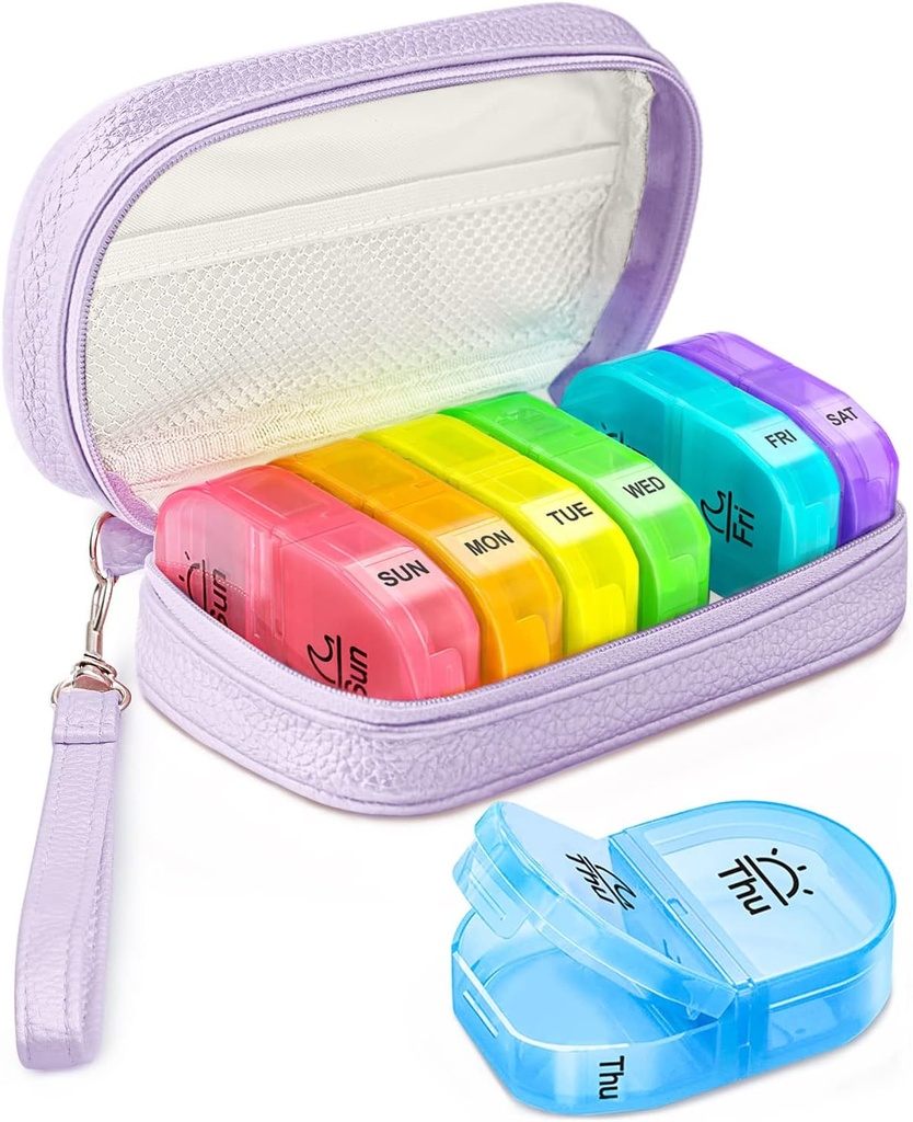 [BRSRMHD6PJ4AG2QY] Cute Pill Organizer 2 veces al día, PU Caja de Pill de Pill para Mujeres, Caja de Píldora Semanal Portátil con bolsa de almacenamiento para contener vitaminas, medicamentos, aceites de pescado, suplementos (Purple)