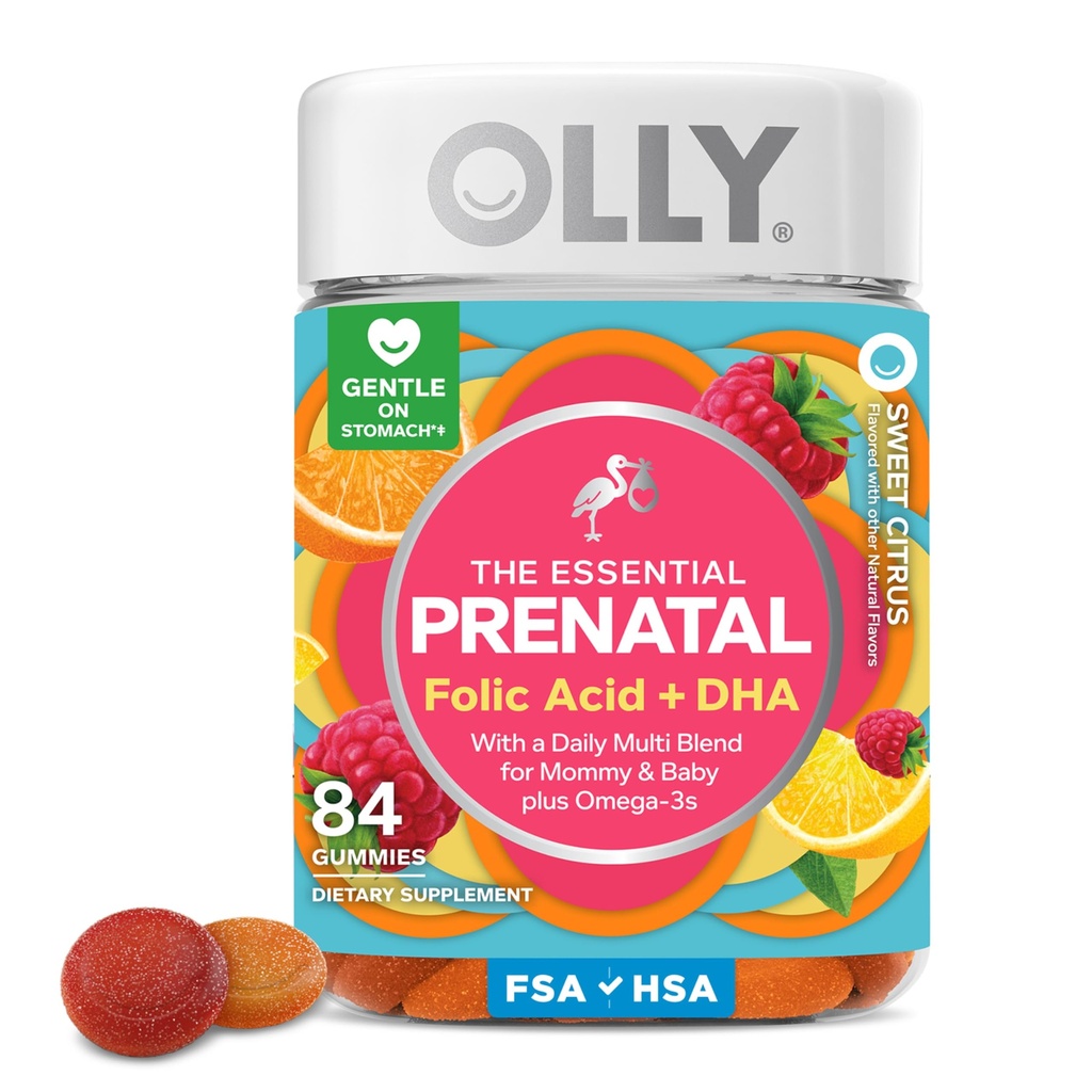 OLLY Essential Prenatal Gummy Multivitamin, Folic Acid, Vitamina D, Omega 3 DHA, apoya el crecimiento saludable y el desarrollo cerebral, Citrus Berry - 84 Conde